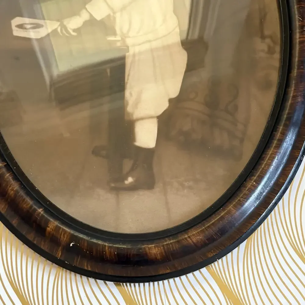 Antique Oval Child Portrait Tiger Oak Frame Sepia Photo 22.5